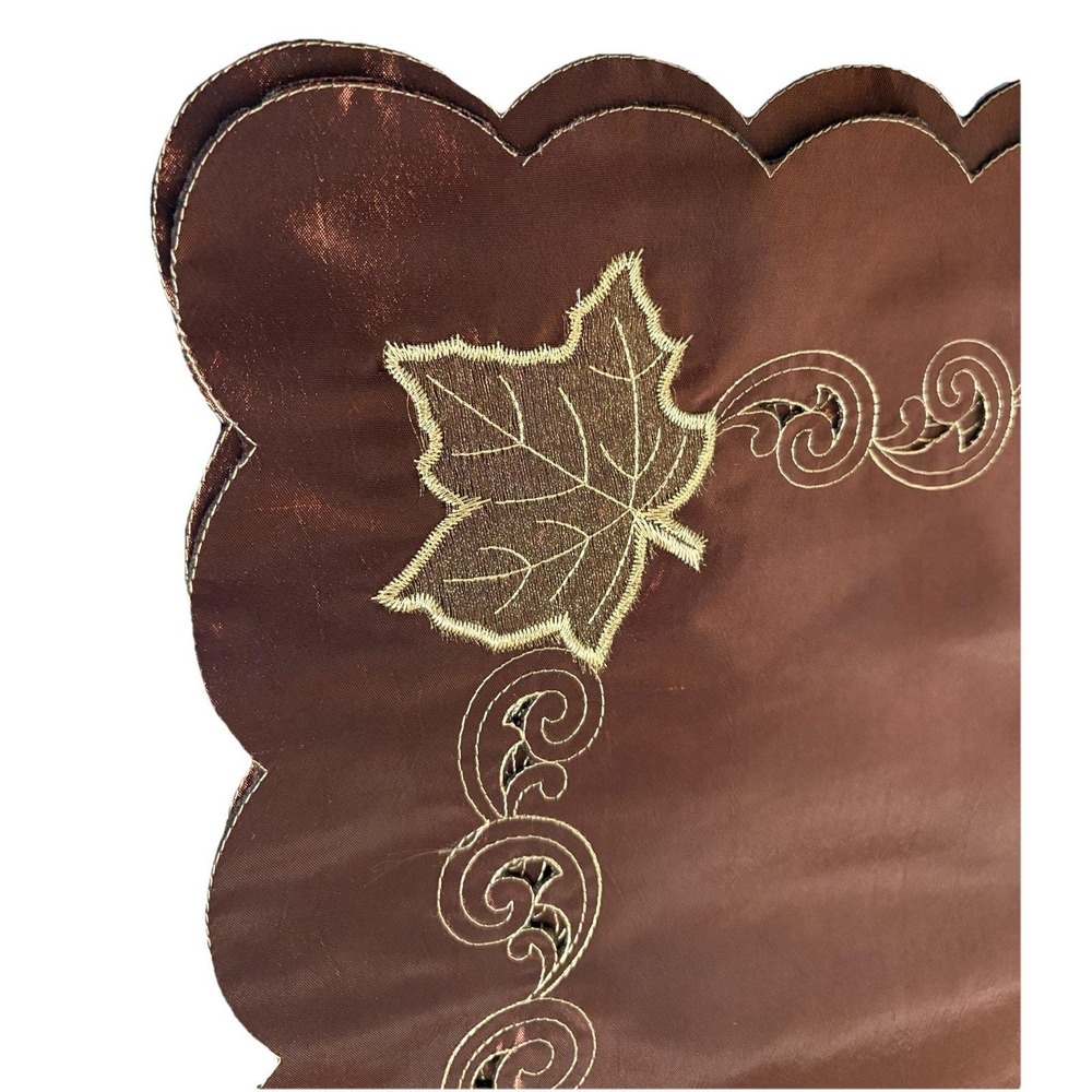 Vtg Bronze Cutwork Fall Leaf Placemats & Napkins w Scalloped Edges Silky Elegant